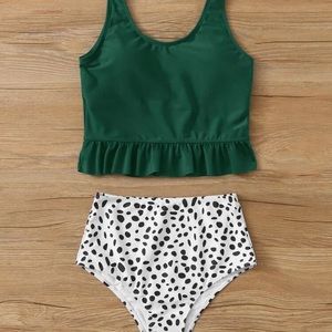 NWT SHEIN 2 Piece High Waisted Dalmatian Print Swimsuit size XL